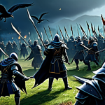 Coordinated Clan Battle**

"A well-coordinated clan engaging in a massive battle in Night Crows. The scene depicts a strategic formation with warriors, mages, and support classes working in synergy. Knights in polished armor hold the front line, while mages unleash powerful spells from behind. Healers provide support, keeping the team alive. Emphasize teamwork and communication. Lush fantasy environment, epic scale, dynamic action, perfect anatomy, correct proportions, natural pose, professional composition, safe for work, appropriate content, fully clothed, professional."

**